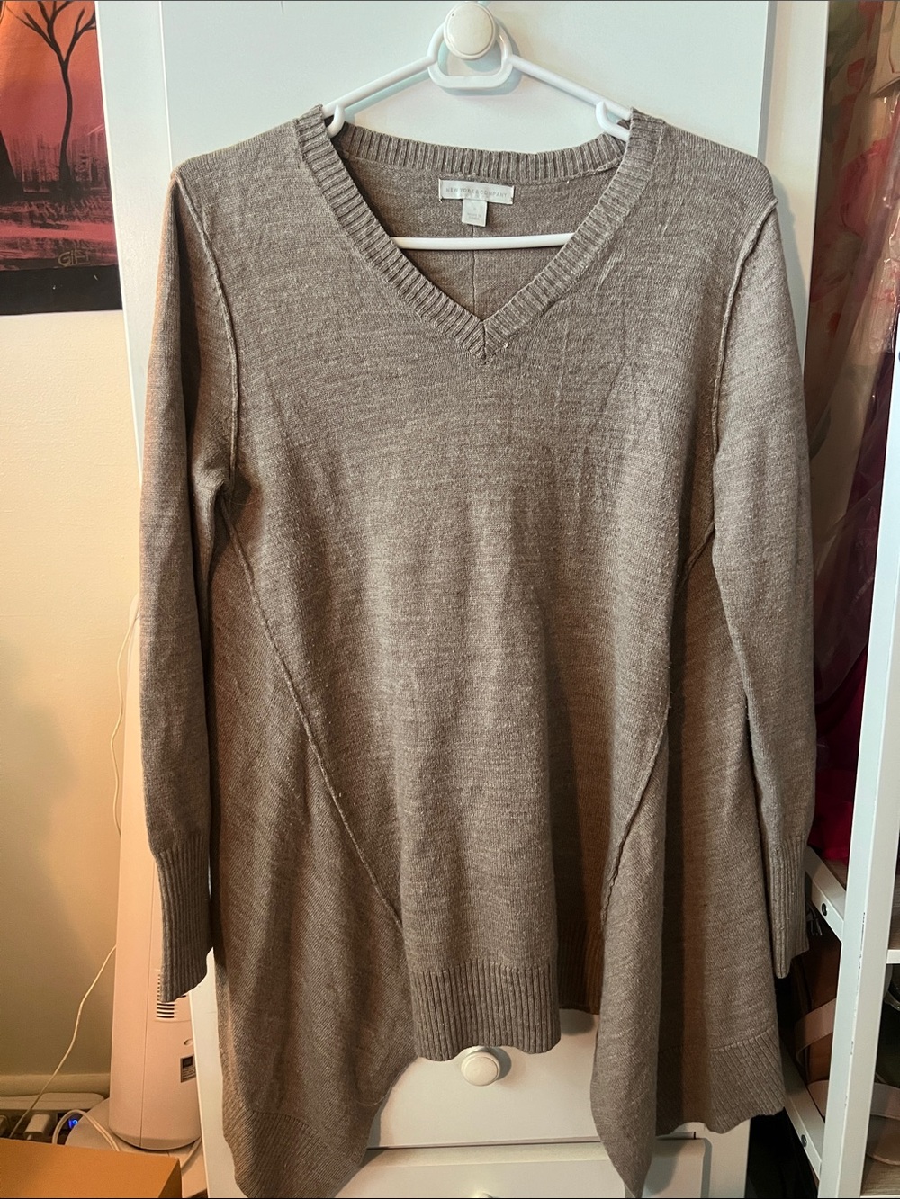 New York & Company V-Neck Longline Sweater in Light Taupe